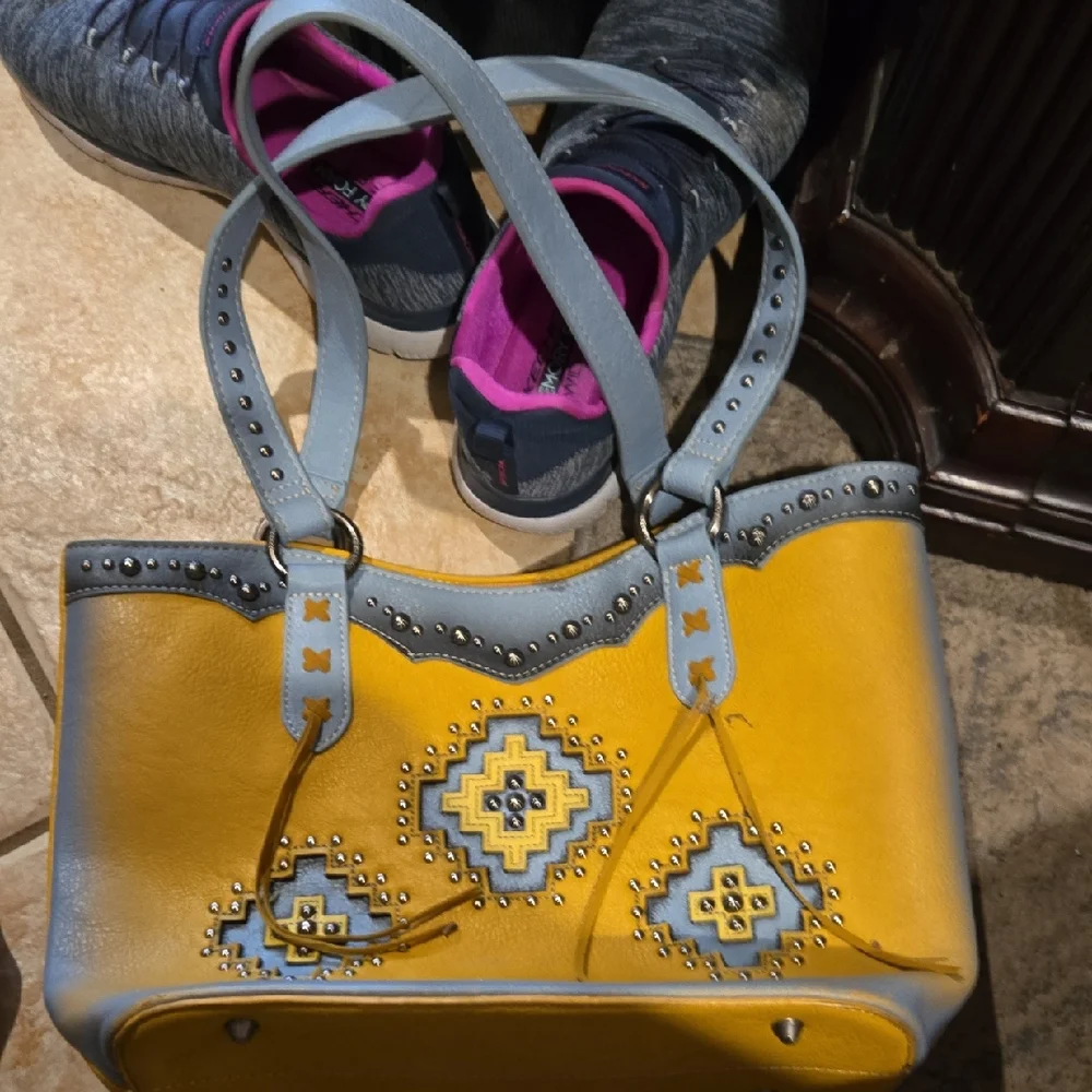 Yellow and Blue Studded Women's Bag, EUC